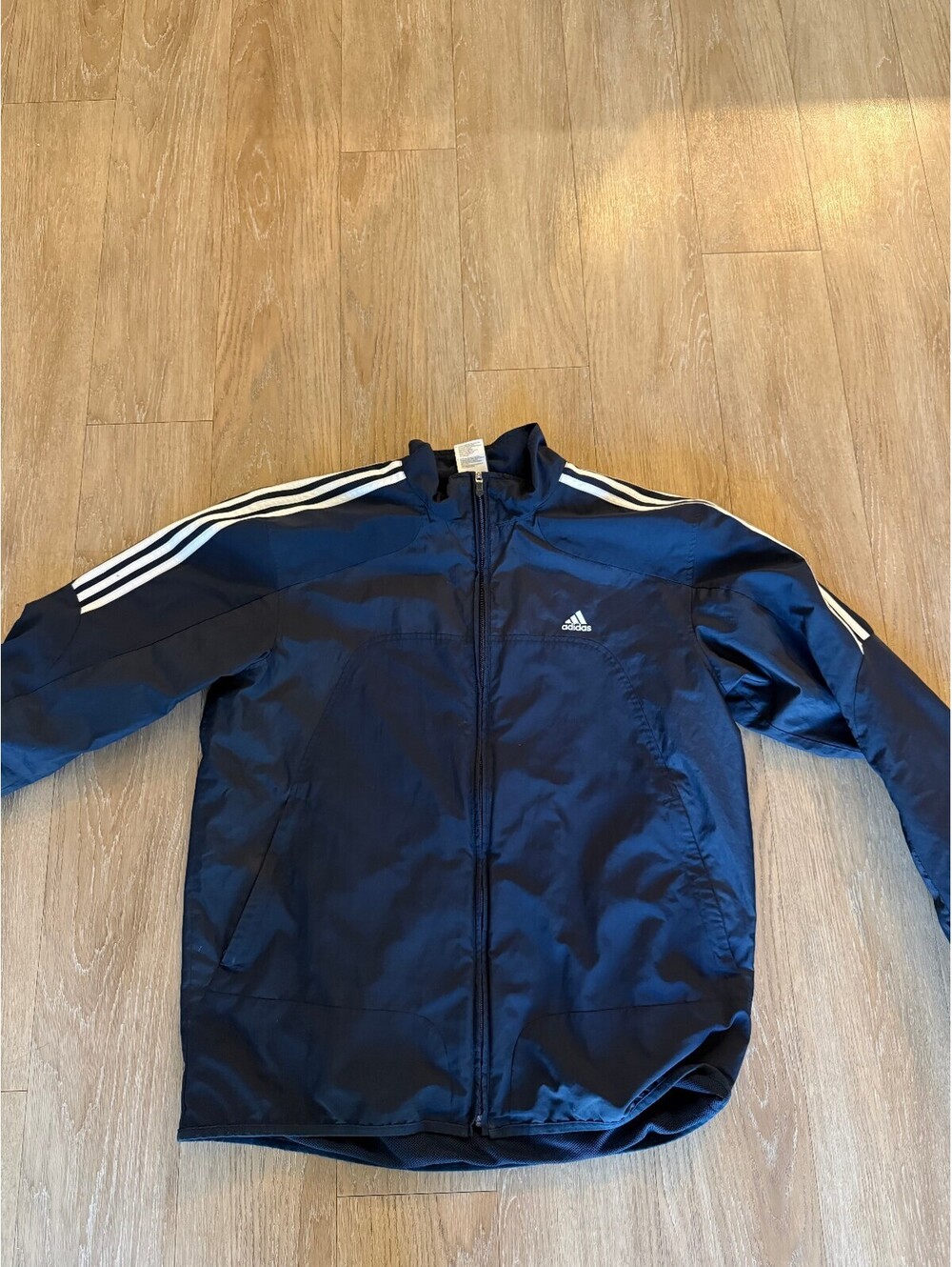 Adidas Men's Navy Blue Track Jacket with White Stripes, Size Large